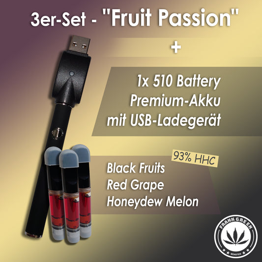 3er-Set - HHC 149Vape Kartuschen "Fruit Passion" +  1 x 510 Battery Premium-Akku mit USB-Ladegerät